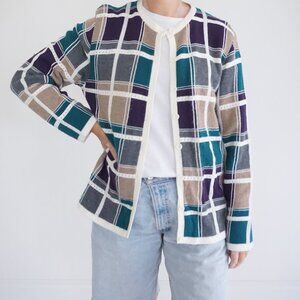 Alfred Dunner Cream Multi Cotton Plaid Knit Button Cardigan Preppy M